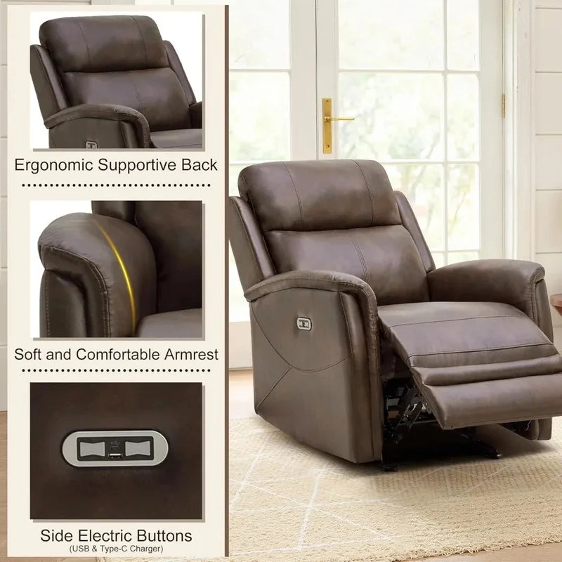 Faux Leather Recliner Chair with USB and Type-C Ports, Adjustable Footrest Recliner Sofa for Adults