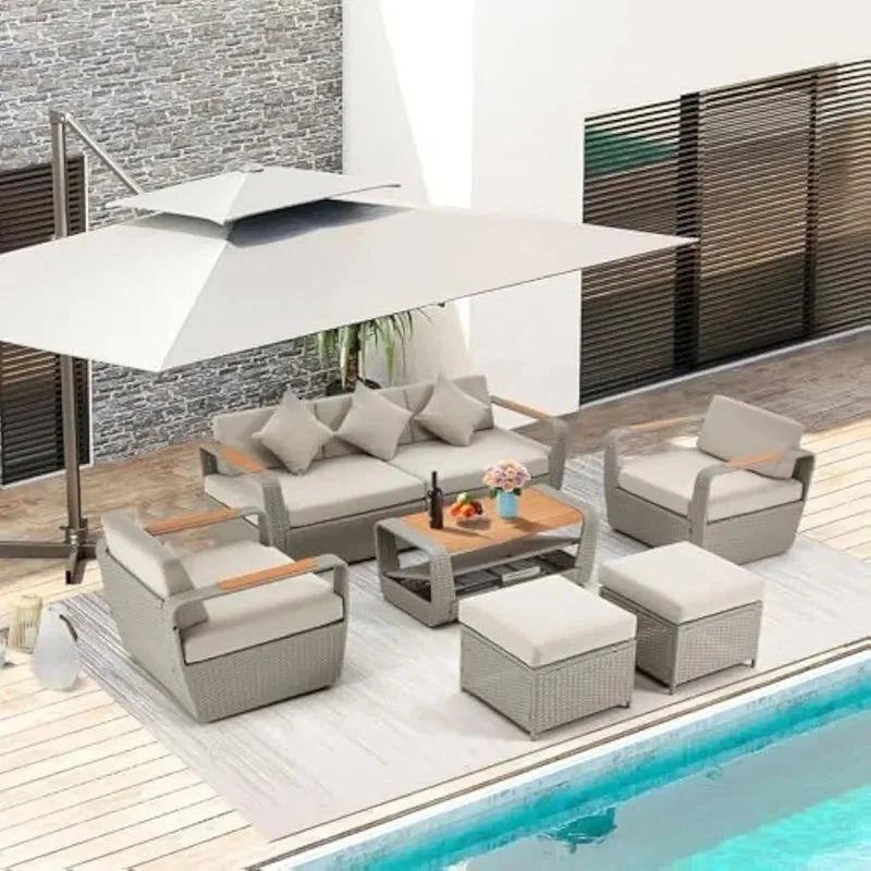 Patio Furniture Set, Outdoor Sectional Conversation Rattan Sofa with Ottoman and Storage Table Garden Sofas