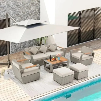 Patio Furniture Set, Outdoor Sectional Conversation Rattan Sofa with Ottoman and Storage Table Garden Sofas