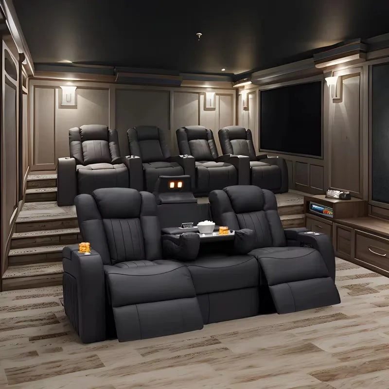 3 Seat Adjustable USB Charger Leather Recliner Sofa Home Theater Furniture with Blu-etooth for VIP Movie Room