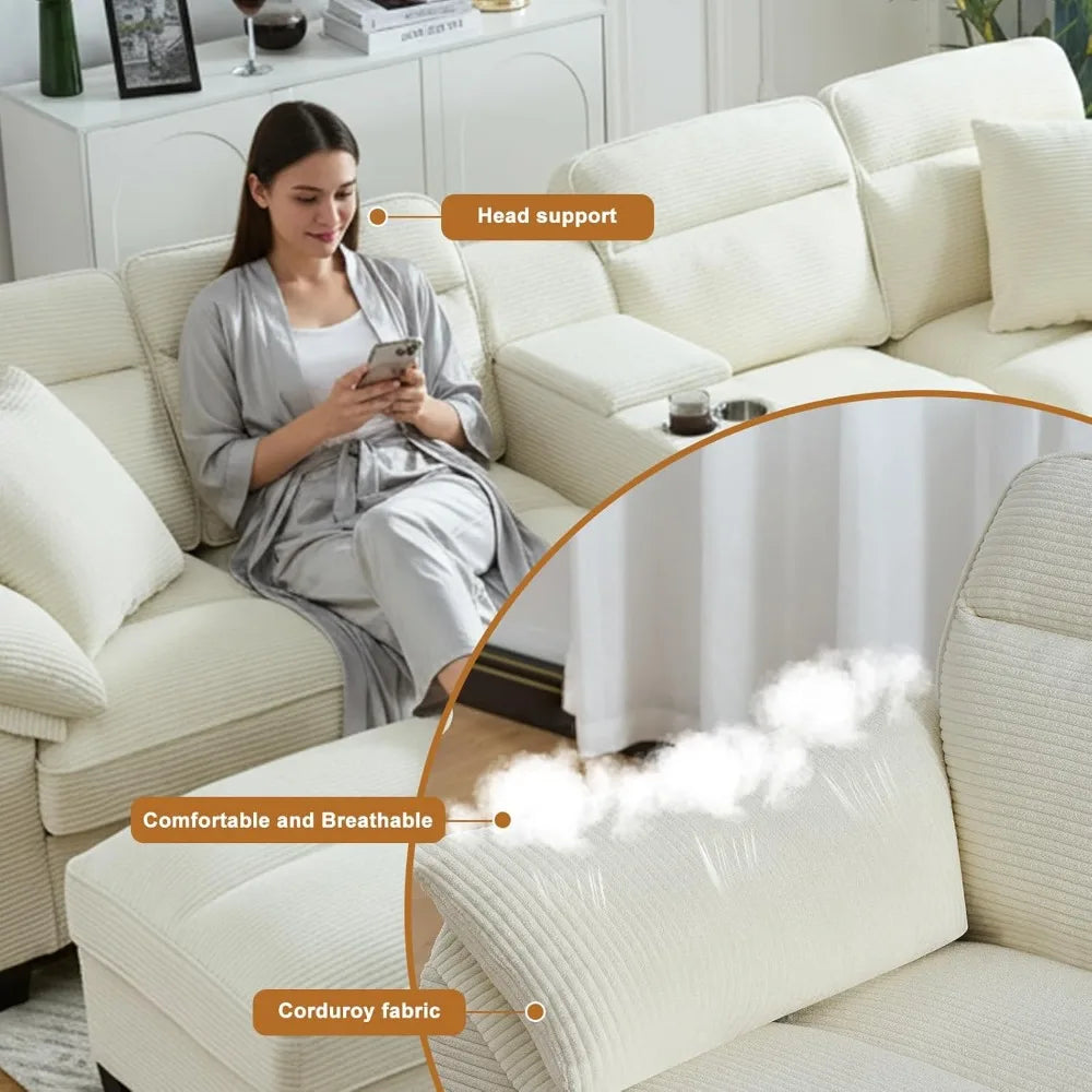 117 Inch Sofa Couch,Sectional Couches for Living Room with 2 Cup Holders,Corduroy Modular Sectional Sofa with Movable