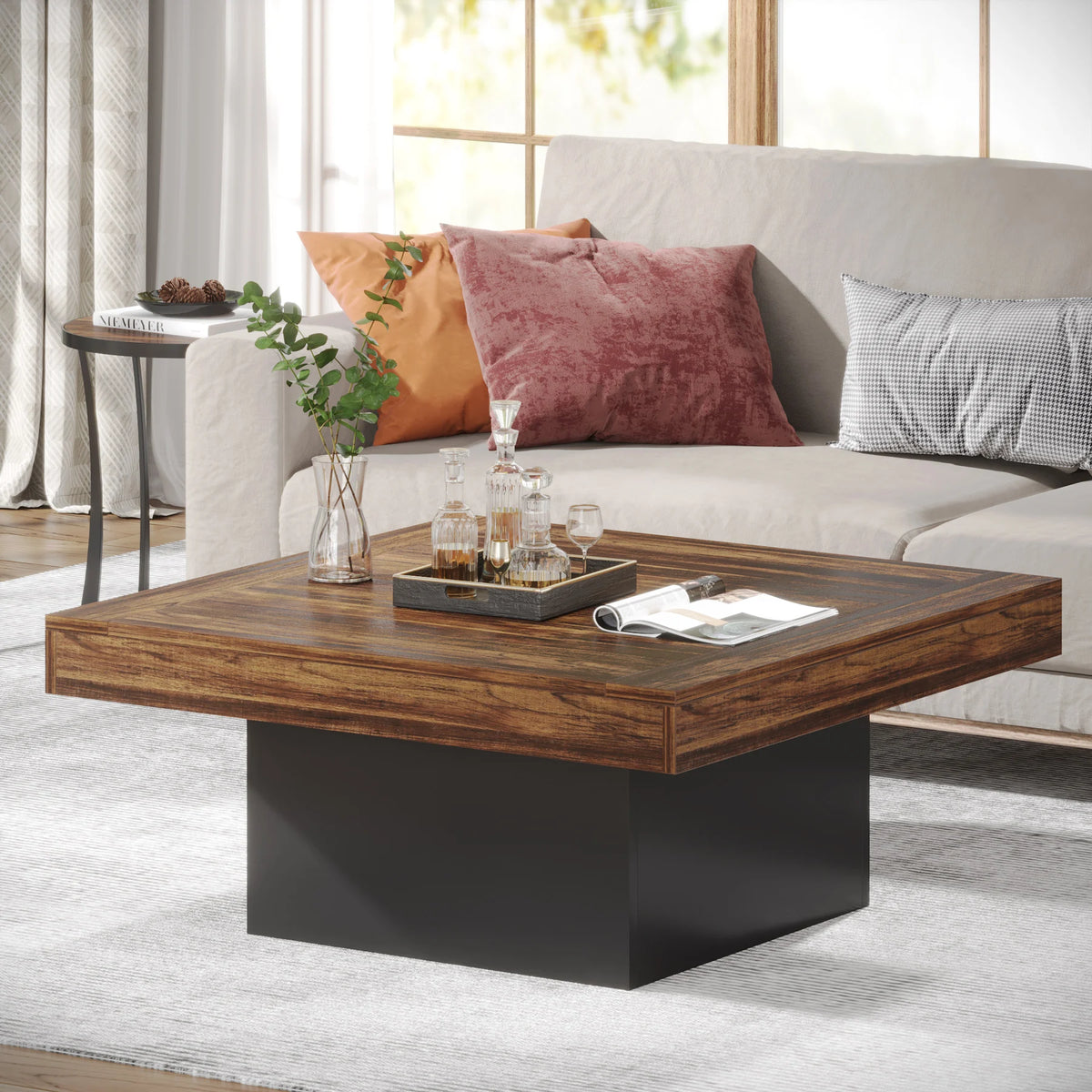 Tribesigns Coffee Table Square LED Coffee Table Engineered Wood Low Coffee Table for Living Room Rustic Brown & Black