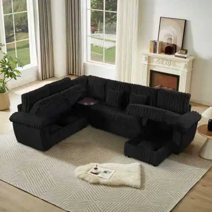 110-inch U-shaped corduroy super soft sectional sofa with storage and pull-out bed, corner coffee table with cup holder