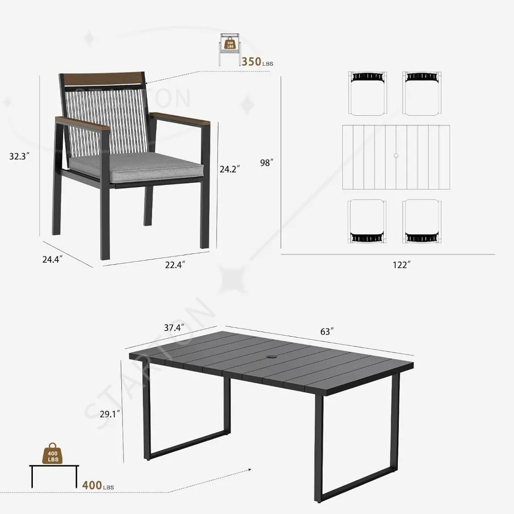 Outdoor Metal Dining Furniture Set with Umbrella Hole, Wood Grain Tabletop,，5-Piece Patio Dining Table and Chair Sets