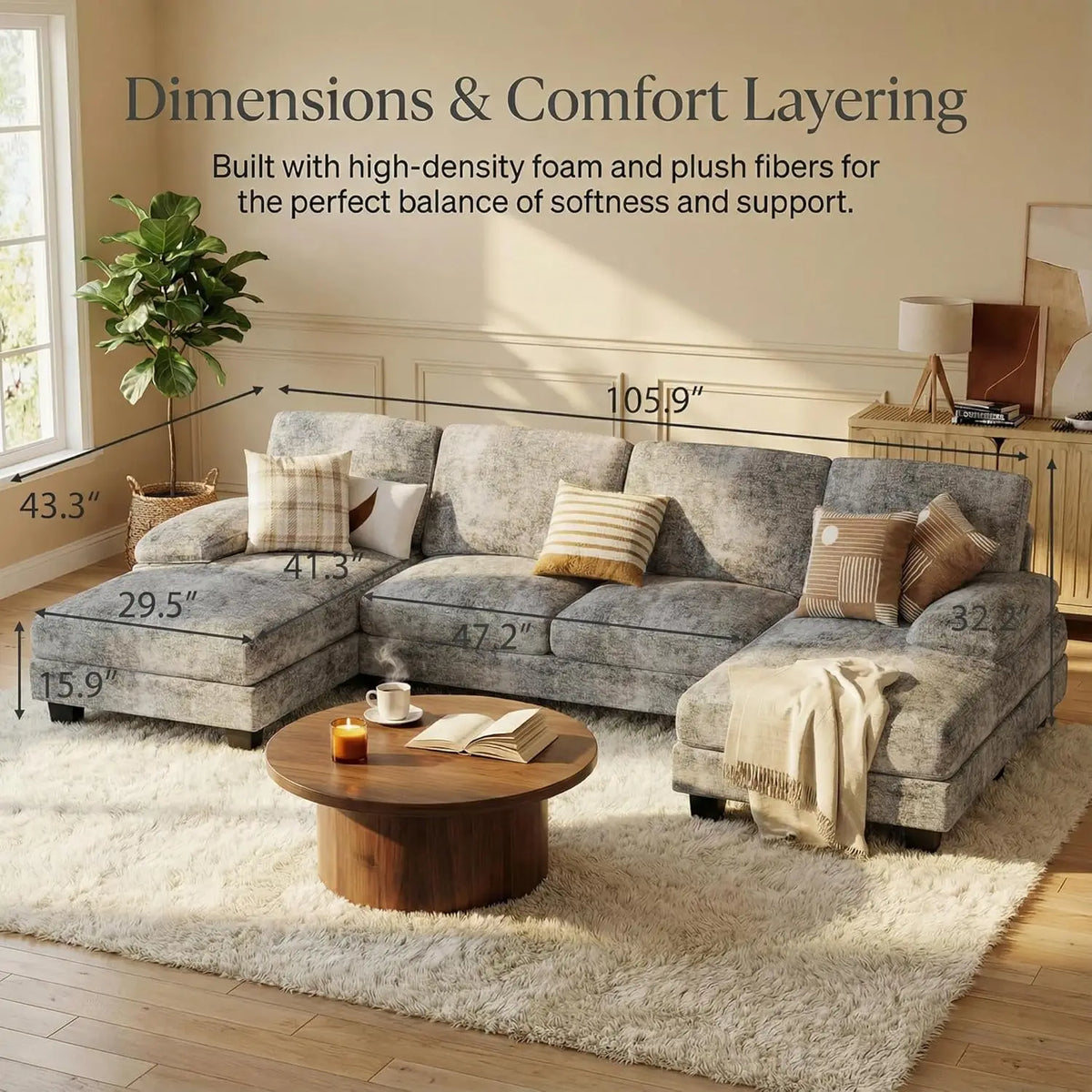 U-shaped Sectional Sofa, Comfortable Chenille Four-seat Sofa Set, with Removable Cushions, Customizable.