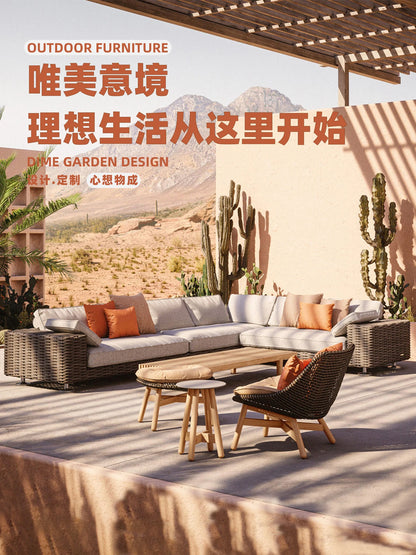 Outdoor leisure sofa, courtyard balcony, coffee table combination, outdoor outdoor garden, rattan woven leisure furniture