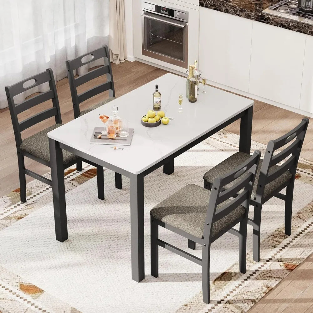 Modern Farmhouse Dining Table Set for 4 with Venatino White Marble Top and Black Cushioned Chairs Kitchen Dinette Table