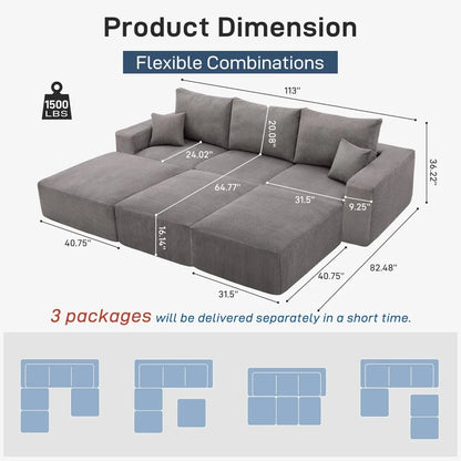 Modern Sectional Sleeper Sofa Bed 3-Seater Grey Lounge Couch Corduroy Convertible Sponge Compression Modular Sofas Chaise Home