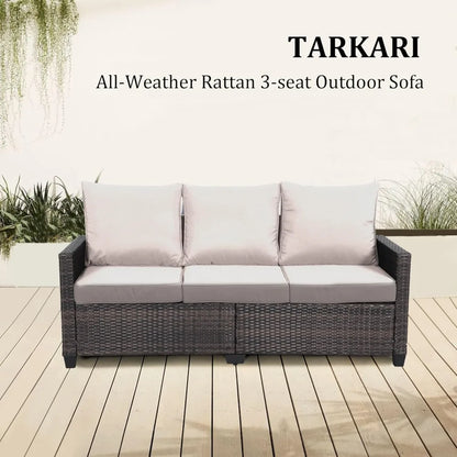 "3-seat weather-resistant wicker patio sofa with high curved back and plush cushions"