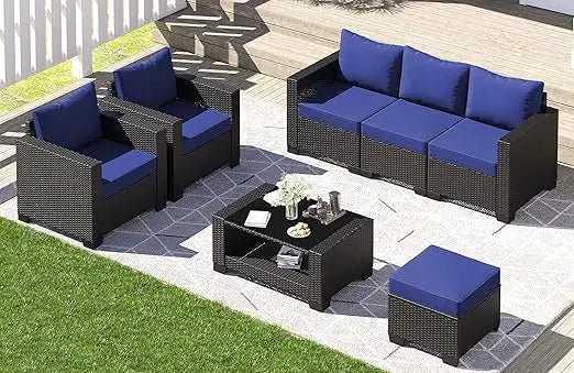 7-piece outdoor patio set, rattan chairs, glass table, wicker sectional for conversation seating