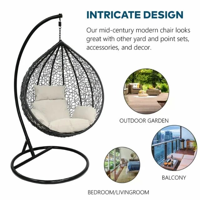 Patio Indoor Outdoor PE Rattan Steel Frame Hanging Egg Shaped Swing Chair with Cushion Stand for Balcony Villa Egg Swing Chair