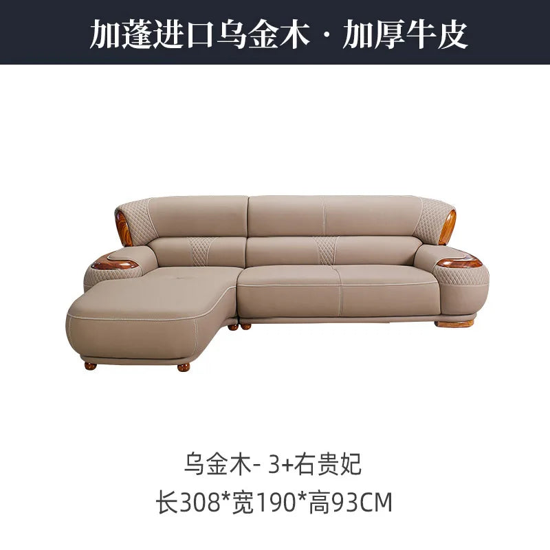 Modern new Chinese ebony leather sofa high-end villa solid wood first layer cowhide European living room luxury furniture