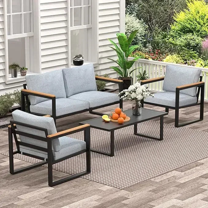 Patio Furniture Set, Metal Patio Conversation Sets with Removeble, High-Resiliency Sponge Cushions, Grey