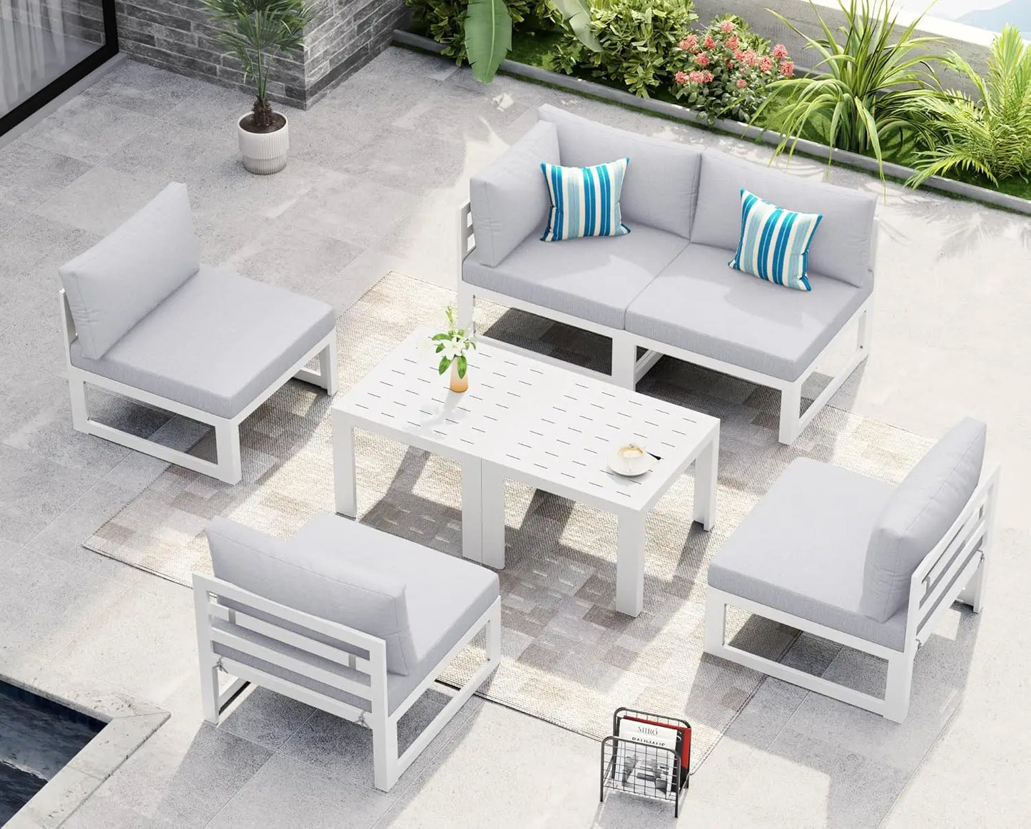 5 Person Luxury Aluminum Outdoor Sectional Sofa with Side Table, Large L Shaped Patio Furniture Set, 29" Deep Wide, Customized