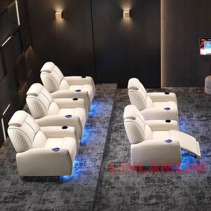 Luxury Electric Recliner Theater Seating Sofa – Modern Home Theater Chairs with LED Lighting, USB, Massage, Cooling Cup Holder