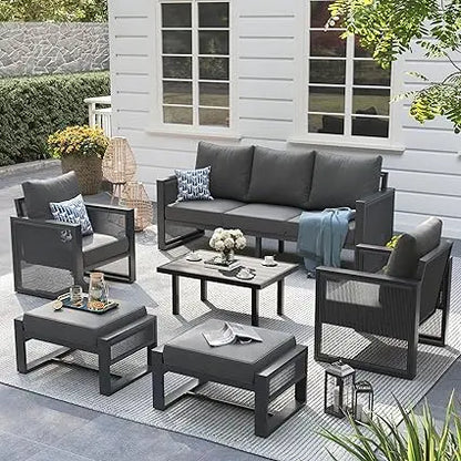Patio Furniture Set with Ottoman, 6 Piece Modern Aluminum Outdoor Furniture Set, Patio Conversation Sets with Thickend Cushions