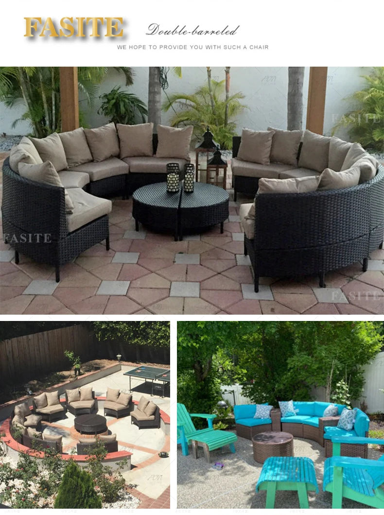 Sofa, courtyard, garden, leisure, outdoor living room, semi circular curved rattan chair, terrace, outdoor furniture combination