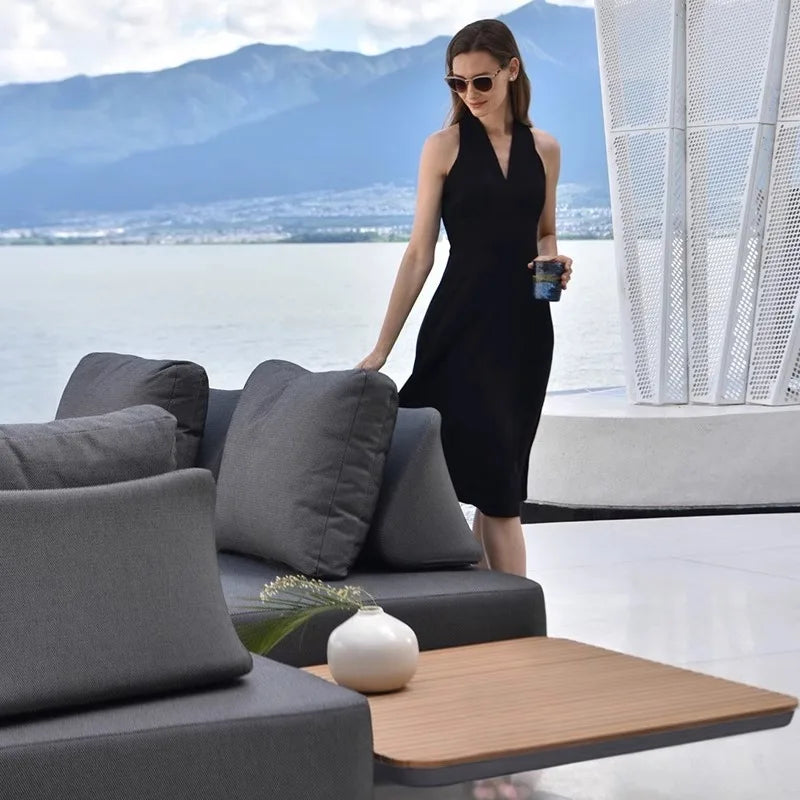 nvModern Simple Outdoor Patio Teak Aluminum Alloy Waterproof Corner Sofa Combination Outdoor Furniture&