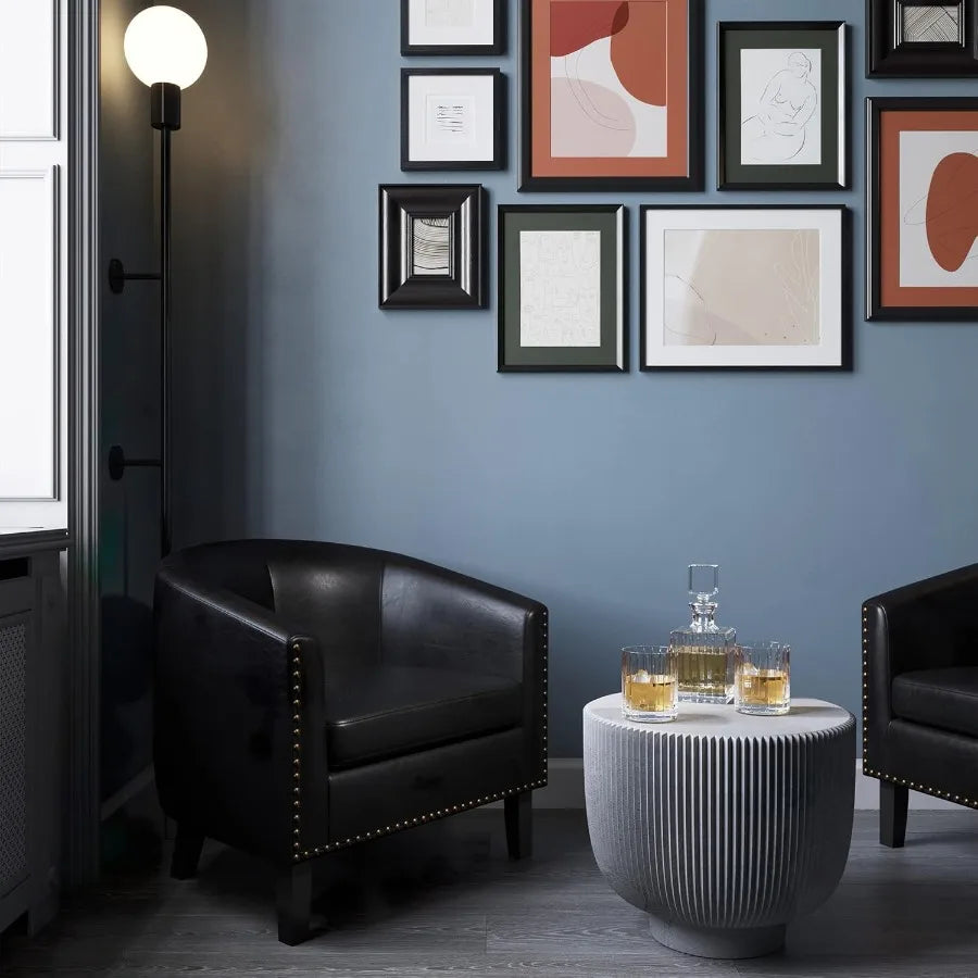 Modern Accent Barrel Chair with Faux Leather Upholstery and Gold Nail Head Trim Black Legs Design for Living Room Bedroom Apart