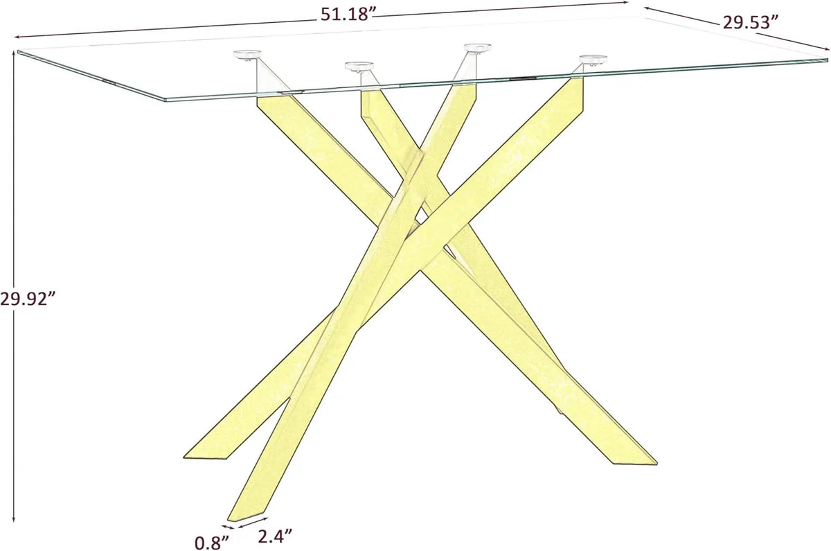 51.18' Rectangular Tempered Glass Dining Table with Metal Legs, Golden