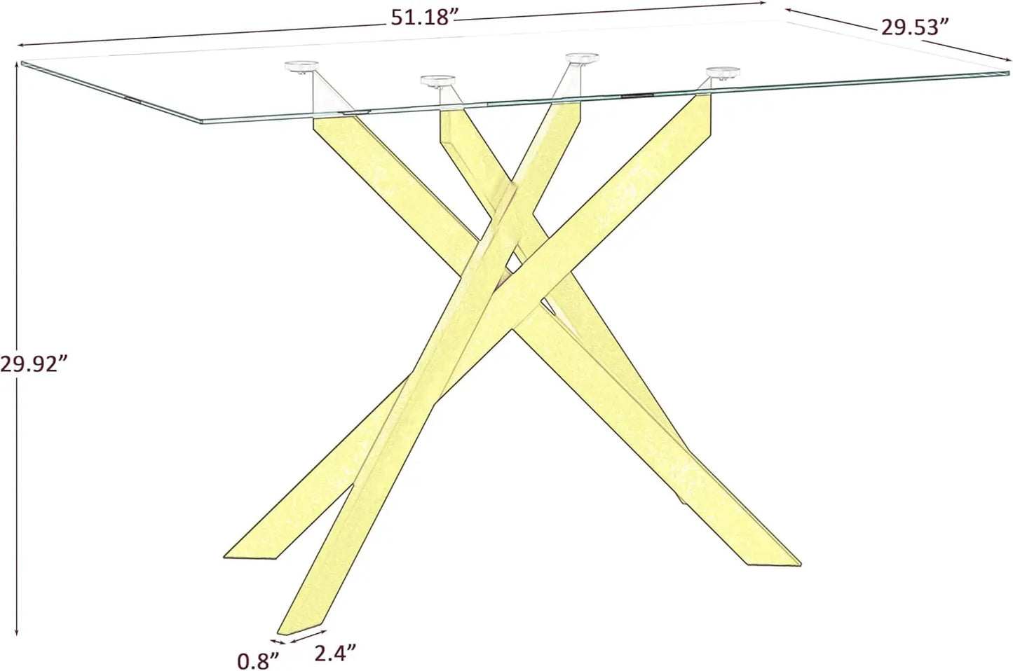 51.18' Rectangular Tempered Glass Dining Table with Metal Legs, Golden