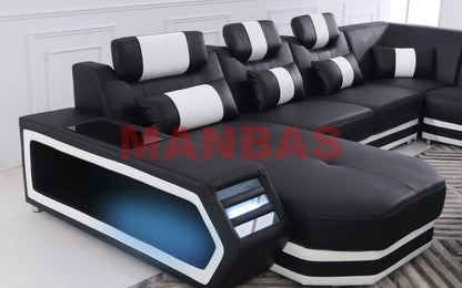 Modern LED Light Genuine Leather Sectional Sofa Set with Storage Shelves, USB Charging Ports, Cup Holder and Contemporary Design