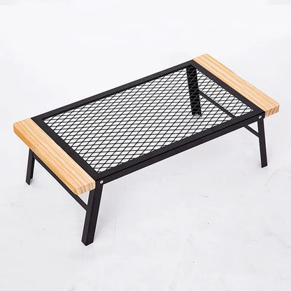 Outdoor Camping Table Mini Wrought Iron Folding Table Storage Barbecue Multi-functional Barbecue Net Table with Wooden Edge