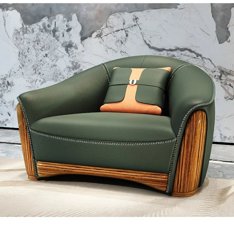 New Chinese Style Ugyen Wood Leather Sofa Large Apartment Combination New Furniture