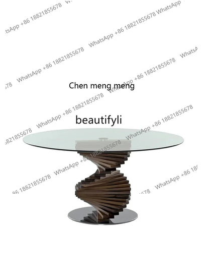 cc182l Italian minimalist curved design tempered glass round table solid wood special-shaped creative rotating ladder dining tab