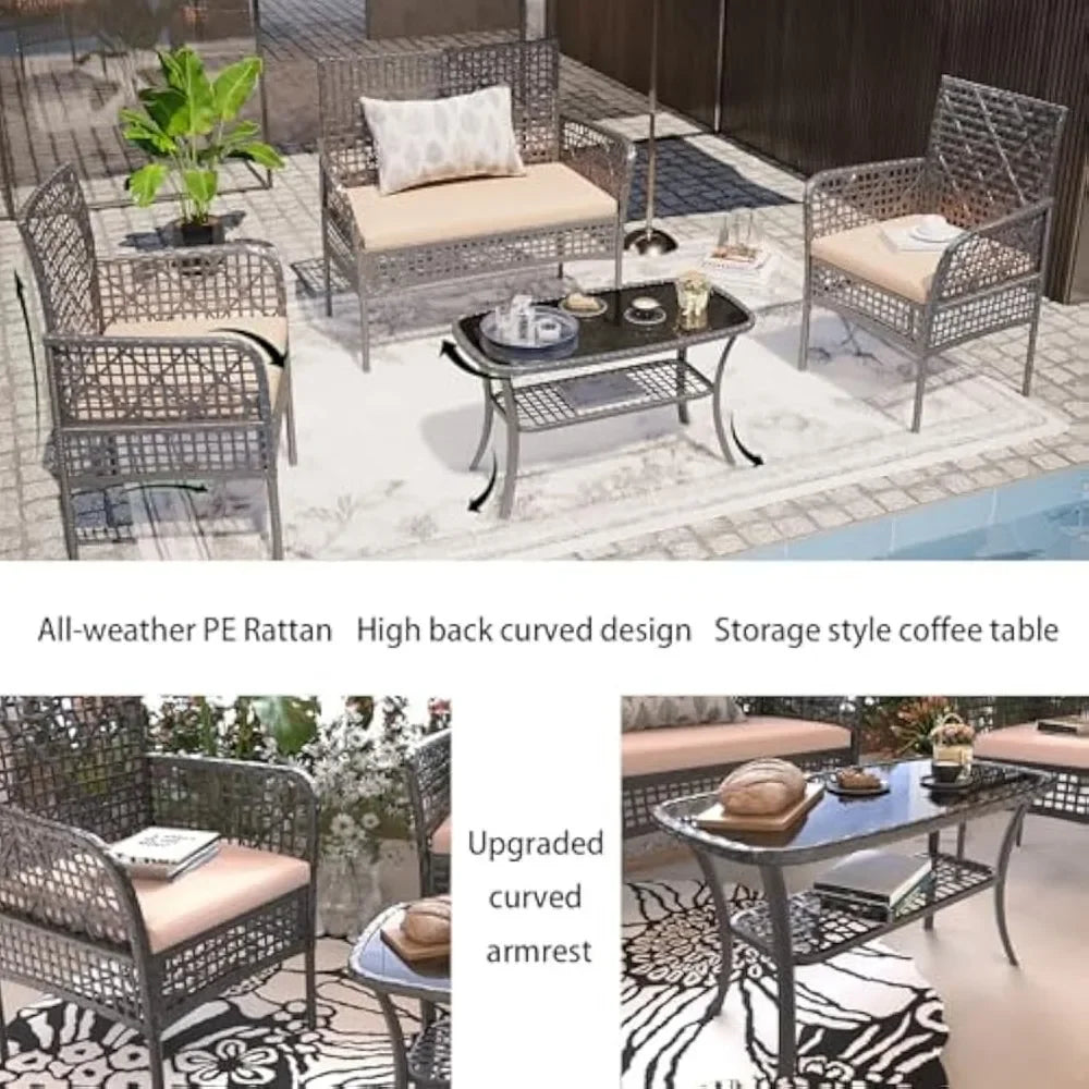 Outdoor 4 Pieces Furniture Set PE Wicker Chairs,Rattan Loveseat,Patio Conversation Sofa For Pool Yard,Garden Or Backyard