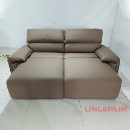 Modern Convertible Genuine Leather Sofa Bed – Multi-functional Electric Sleeper Couch with Adjustable Seats & Wide Chaise Lounge