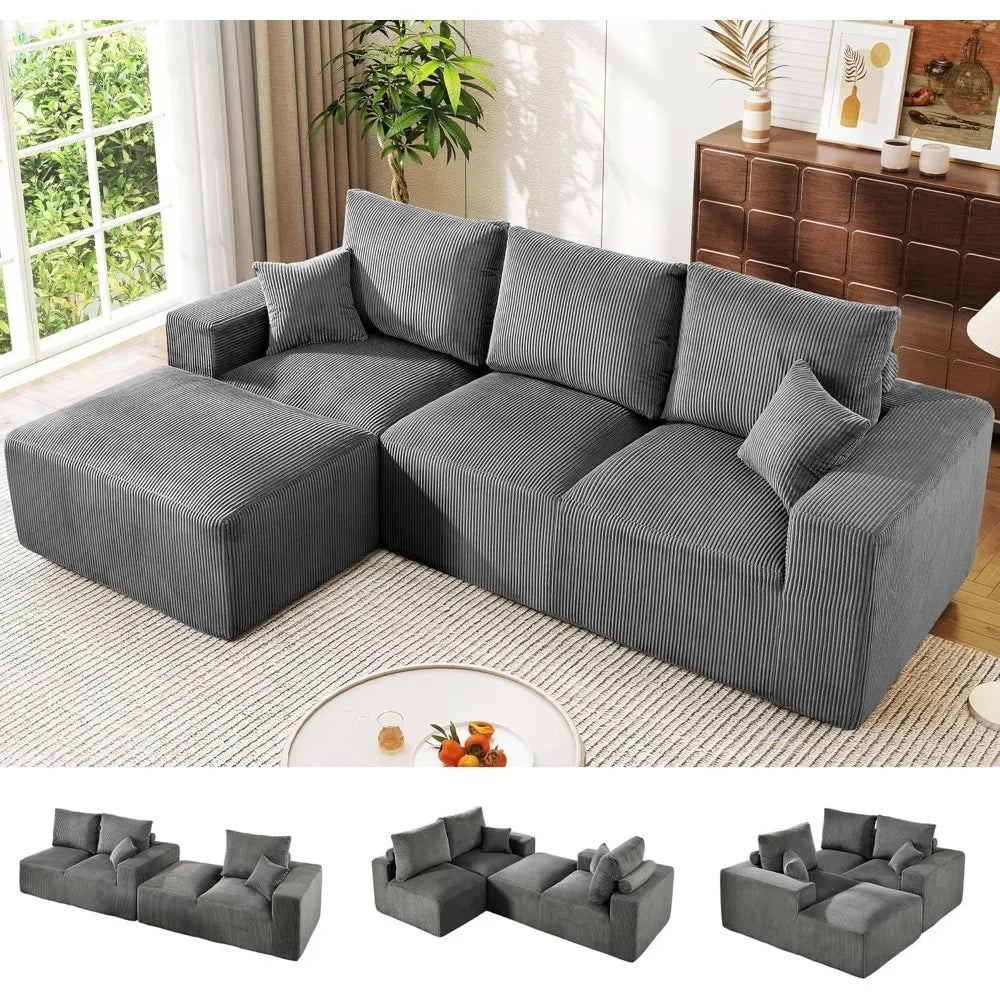 108" Cloud Sectional Sofa with Oversized Chaise High-Back Modern L-Shaped Couch Corduroy Grey No Assembly