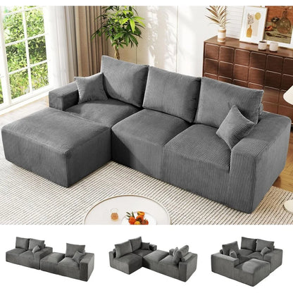 108" Cloud Sectional Sofa with Oversized Chaise High-Back Modern L-Shaped Couch Corduroy Grey No Assembly