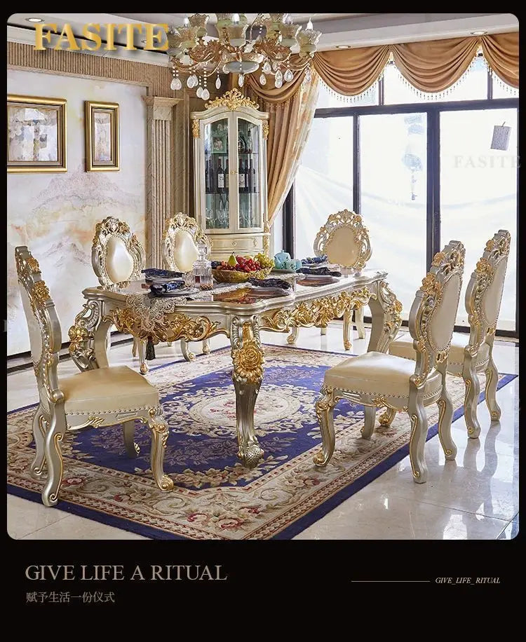 Premium European-style combination dining table and chairs all solid wood flower villa large-sized restaurant