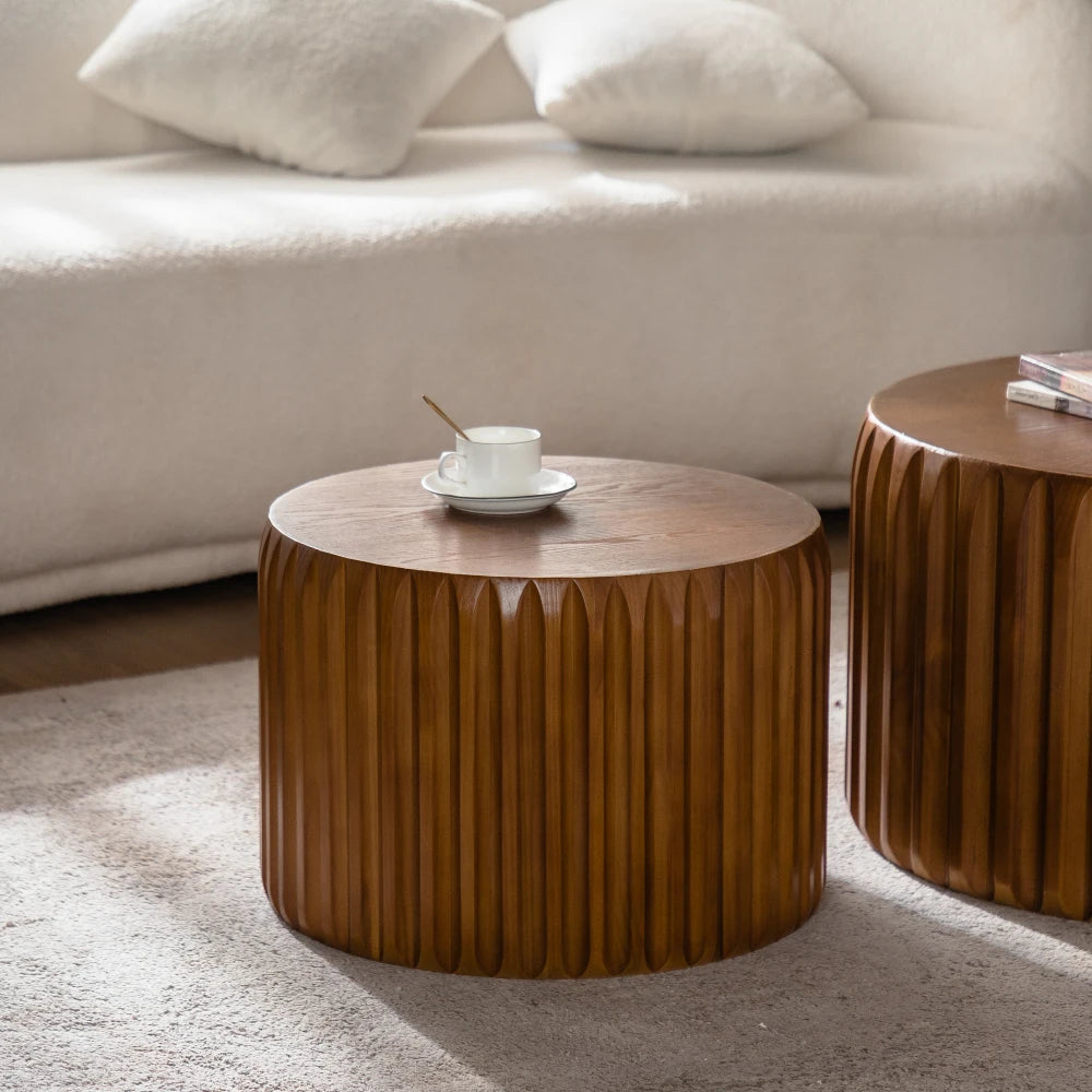 Set of 2 Fluted Round Nesting Coffee Tables (26.77/19.69), Solid Wood & MDF, Mid-Century Modern Living Room/Apartment

Wait, let