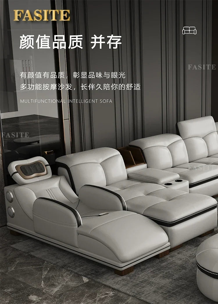 Premium Smart leather sofa massage for left and right noblewomen, cowhide solid wood living room corner small unit
