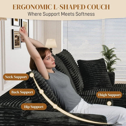 108" L Shaped Boneless Sectional Couches for Living Room, Comfy Corduroy Floor Cloud Sofa with Chaise, Wide Armrest, Deep Seat