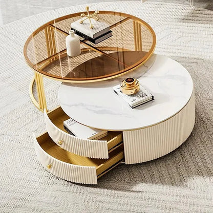 a163  round Glass Stone Plate Coffee Table Modern Minimalist Living Room Home Retractable Size Combination