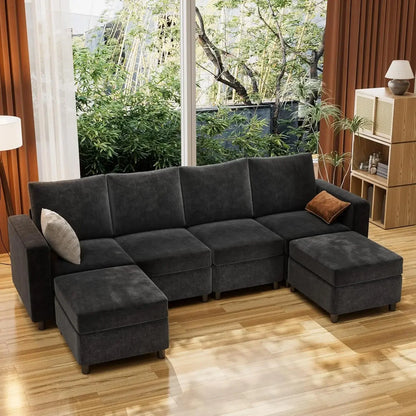 Nordic 108" Sectional Sofa Black Modular Storage U Shaped Couch with Two, 6 Pieces Convertible, USB Chargers Armest