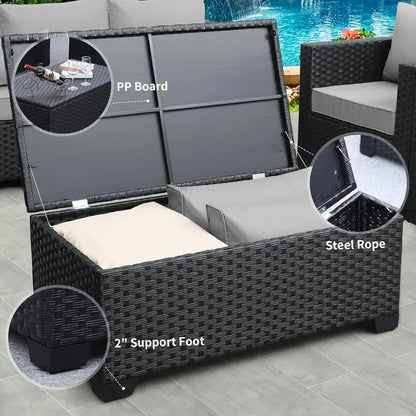 Outdoor Patio Wicker Furniture Set: 6-Piece PE Rattan Conversation Sectional Sofa with Royal Blue Cushions