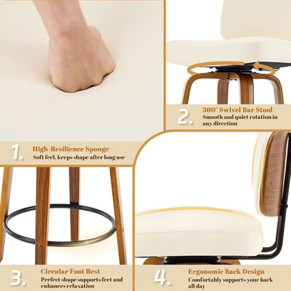 Ensemble de 3, 27 tabourets de bar pivotants en simili cuir blanc crème à hauteur de comptoir avec dossier, design moderne rembourré du milieu du siècle pour Kitc