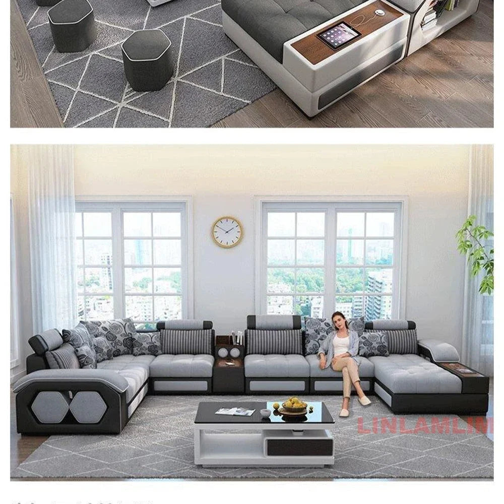 MANBAS U-Shaped Sectional Fabric Sofa Set - Modern Living Room Furniture with Storage, Built-in Side Tables, USB, and Cushions