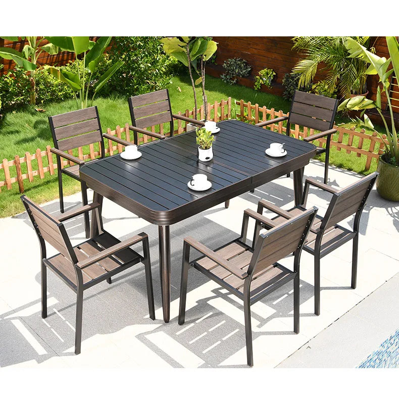 6 Chairs Aluminum Outdoor Furniture WPC Dining Table Chairs Patio Garden Sets