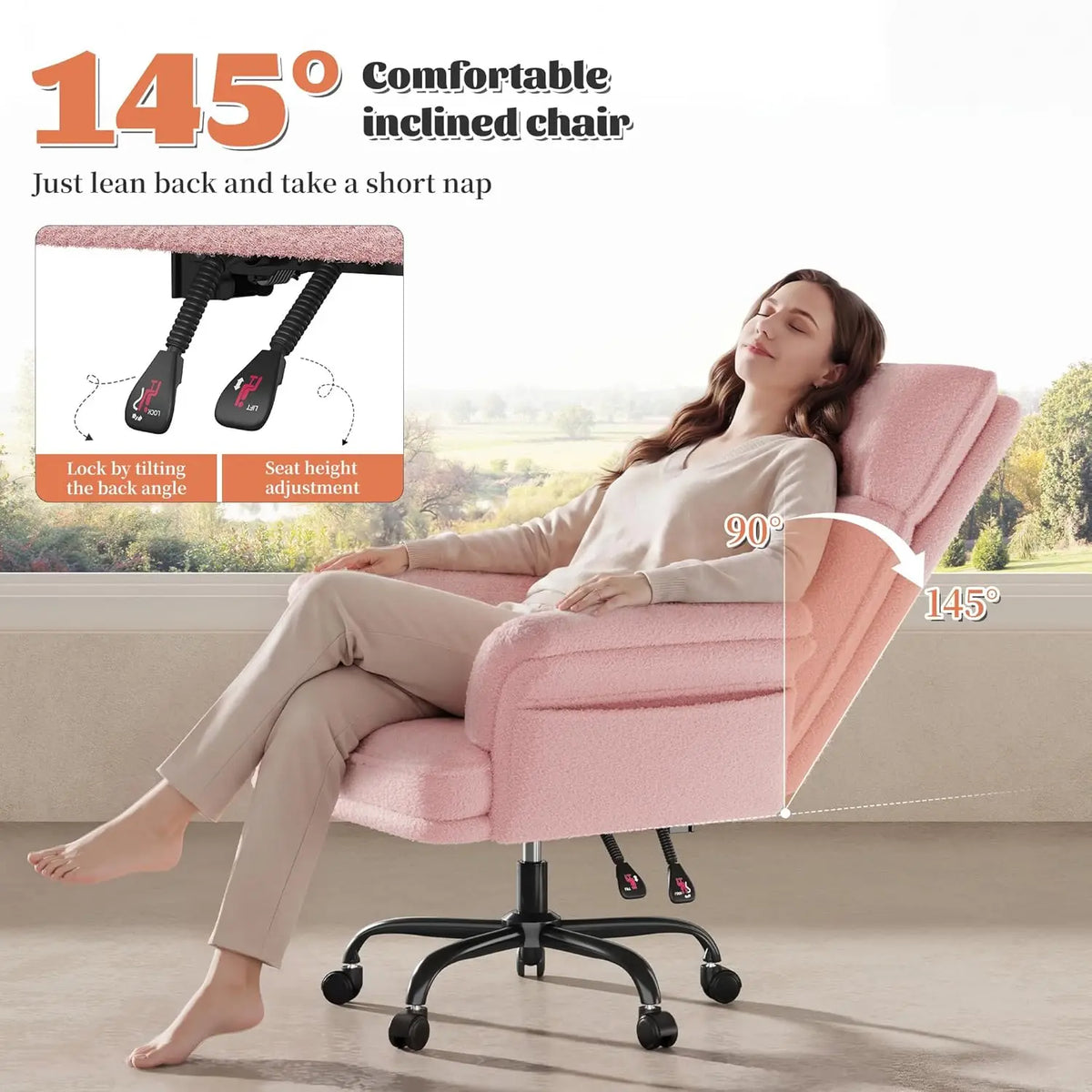 Big and Tall Office Chair with Adjustable Armrests & Wheels，145° Reclining Desk Chair Comfy,Pink Vanity Chair for, Customized