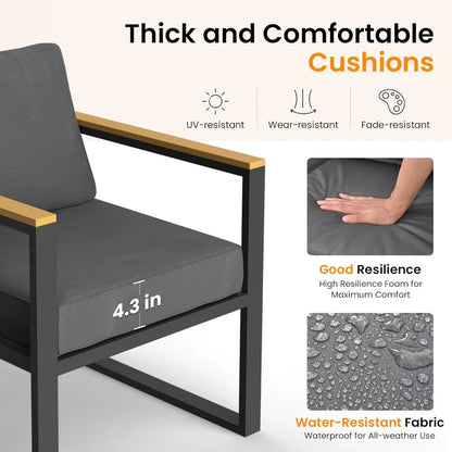 4 pieces outdoor patio furniture set, modern metal balcony furniture with plastic-wood coffee table, all-weather patio conversa