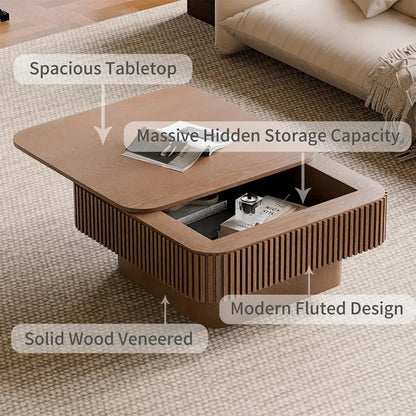 Square Coffee Table for Living Room,Fluted Drum Accent Tea Center Table with Storage,Solid Wood Modern Coffee Tables.