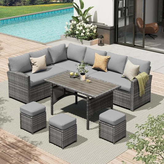 Patio Furniture Set, 7 Pieces Outdoor Patio Furniture with Dining Table&Chair, All Weather Wicker Conversation Set with Ottoman