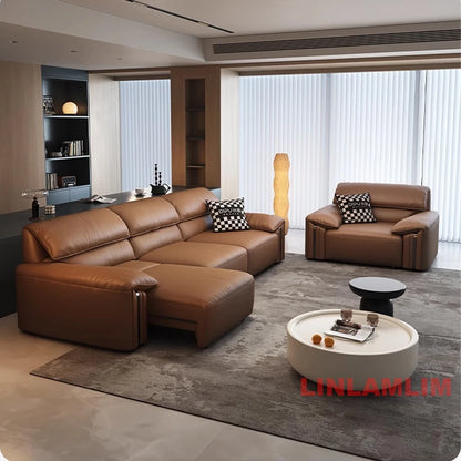 Modern Convertible Genuine Leather Sofa Bed – Multi-functional Electric Sleeper Couch with Adjustable Seats & Wide Chaise Lounge