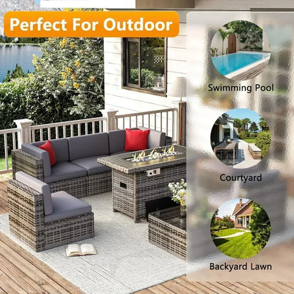 /Outdoor Patio Furniture 8 Pieces Set with 40" Fire Pit Table, Wicker Rattan Sectional Conversation Set with Coffee Table
