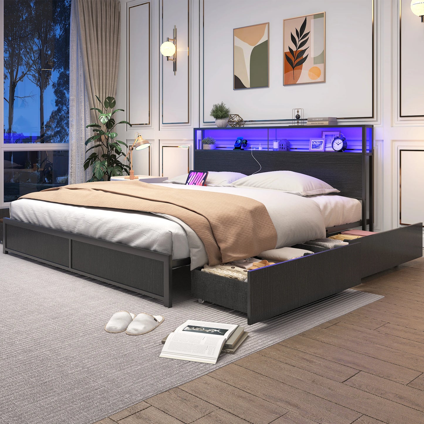 LED Bed Frame Full/QueenKing Size with 2 USB Ports and Outlets, Platform Metal Bed Frame with 4 Storage Drawers and Headboard